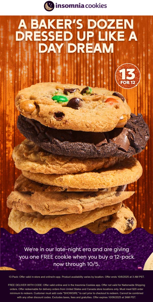 Insomnia Cookies restaurants Coupon  Extra cookie with your dozen at Insomnia Cookies #insomniacookies 