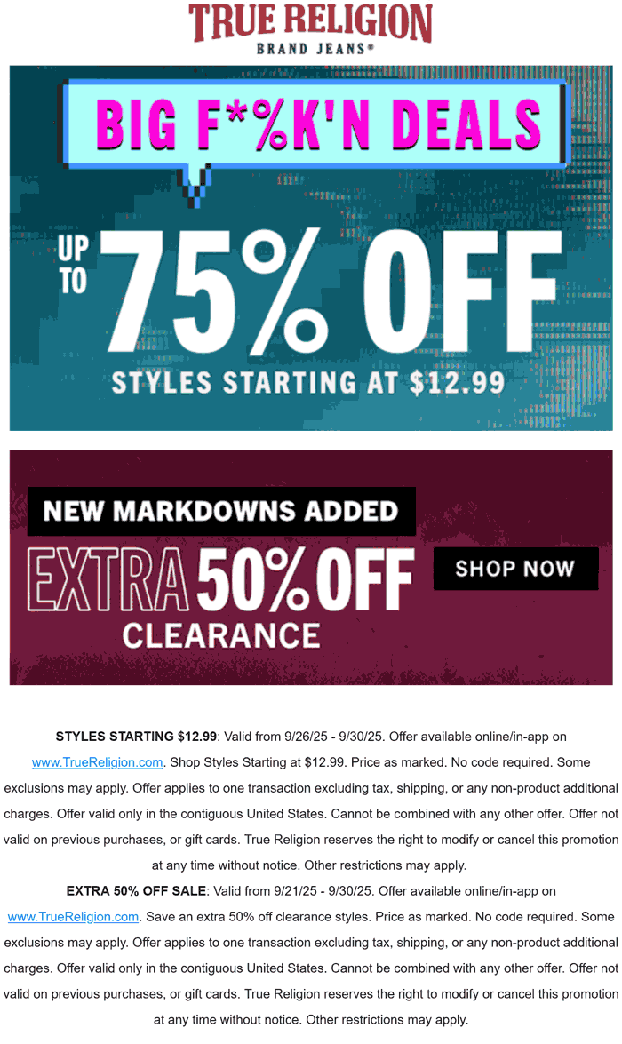 True Religion stores Coupon  75% off fall fits today at True Religion #truereligion 