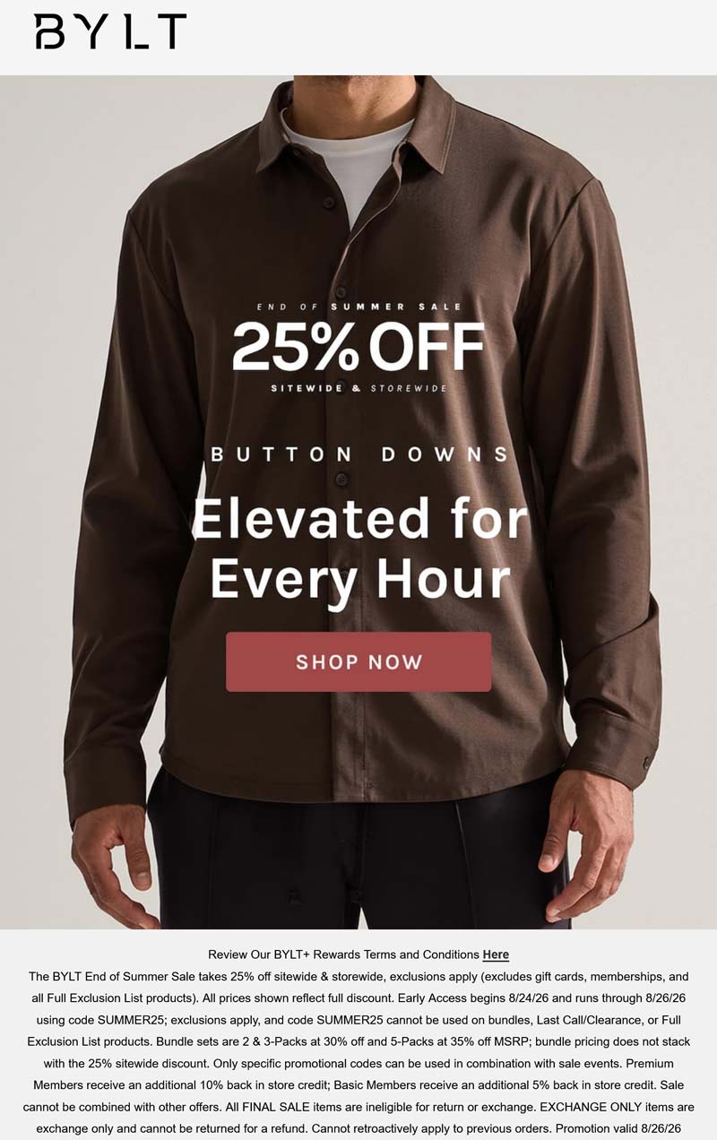 BYLT stores Coupon  25% off everything at BYLT, or online via promo code SUMMER25 #bylt 