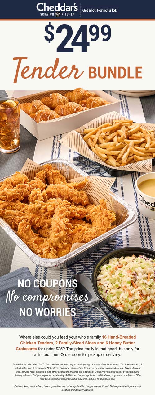Cheddars Scratch Kitchen restaurants Coupon  16 chicken tenders + 2 large sides + 6 croissants = $25 at Cheddars Scratch Kitchen #cheddarsscratchkitchen 