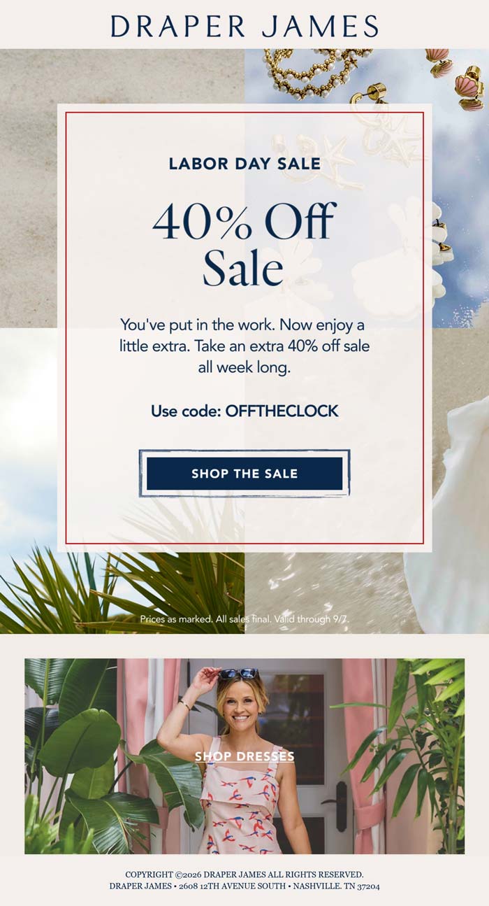 Draper James stores Coupon  40% off at Draper James via promo code OFFTHECLOCK #draperjames 