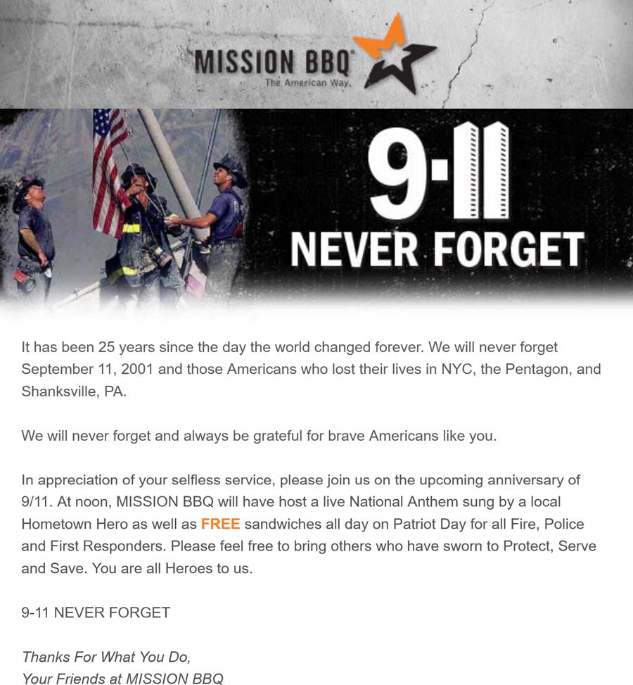 Mission BBQ restaurants Coupon  First responders enjoy a free sandwich the 11th at Mission BBQ #missionbbq 