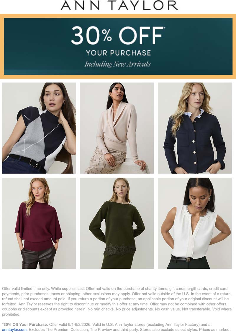 Ann Taylor stores Coupon  30% off at Ann Taylor, ditto online #anntaylor 