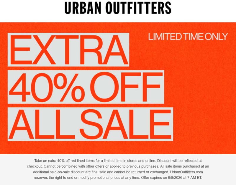 Urban Outfitters stores Coupon  Extra 40% off sale items at Urban Outfitters, ditto online #urbanoutfitters 