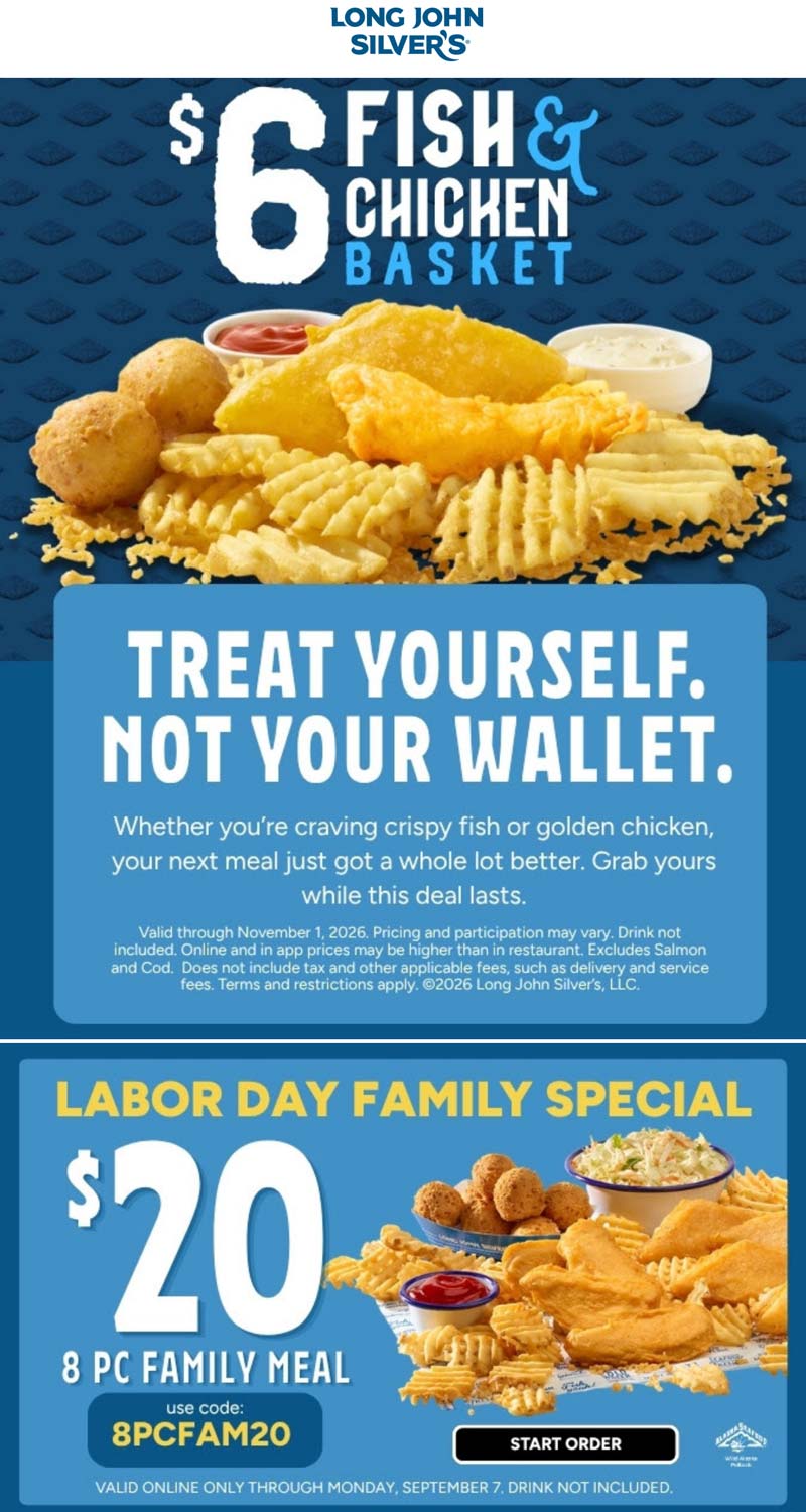 Long John Silvers restaurants Coupon  $6 fish & chicken basket + $20 family meal at Long John Silvers via promo code 8PCFAM20 #longjohnsilvers 