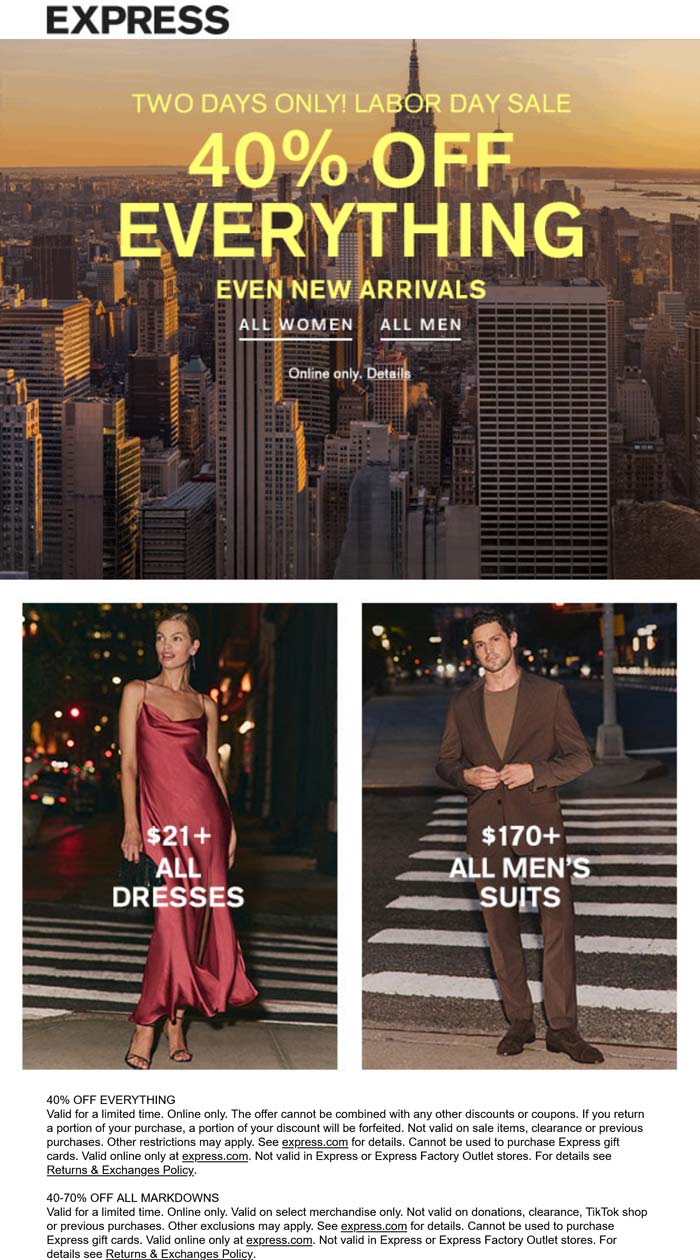 Express stores Coupon  40% off everything online today at Express #express 