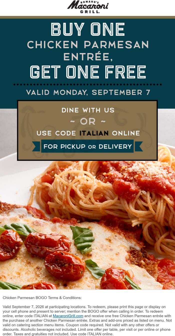 Macaroni Grill restaurants Coupon  Second chicken parmesan free today at Macaroni Grill #macaronigrill 