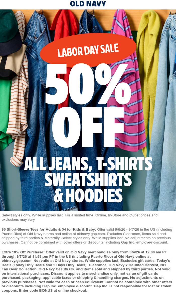 Old Navy stores Coupon  50% off all jeans tshirts sweatshirts & hoodies at Old Navy #oldnavy 