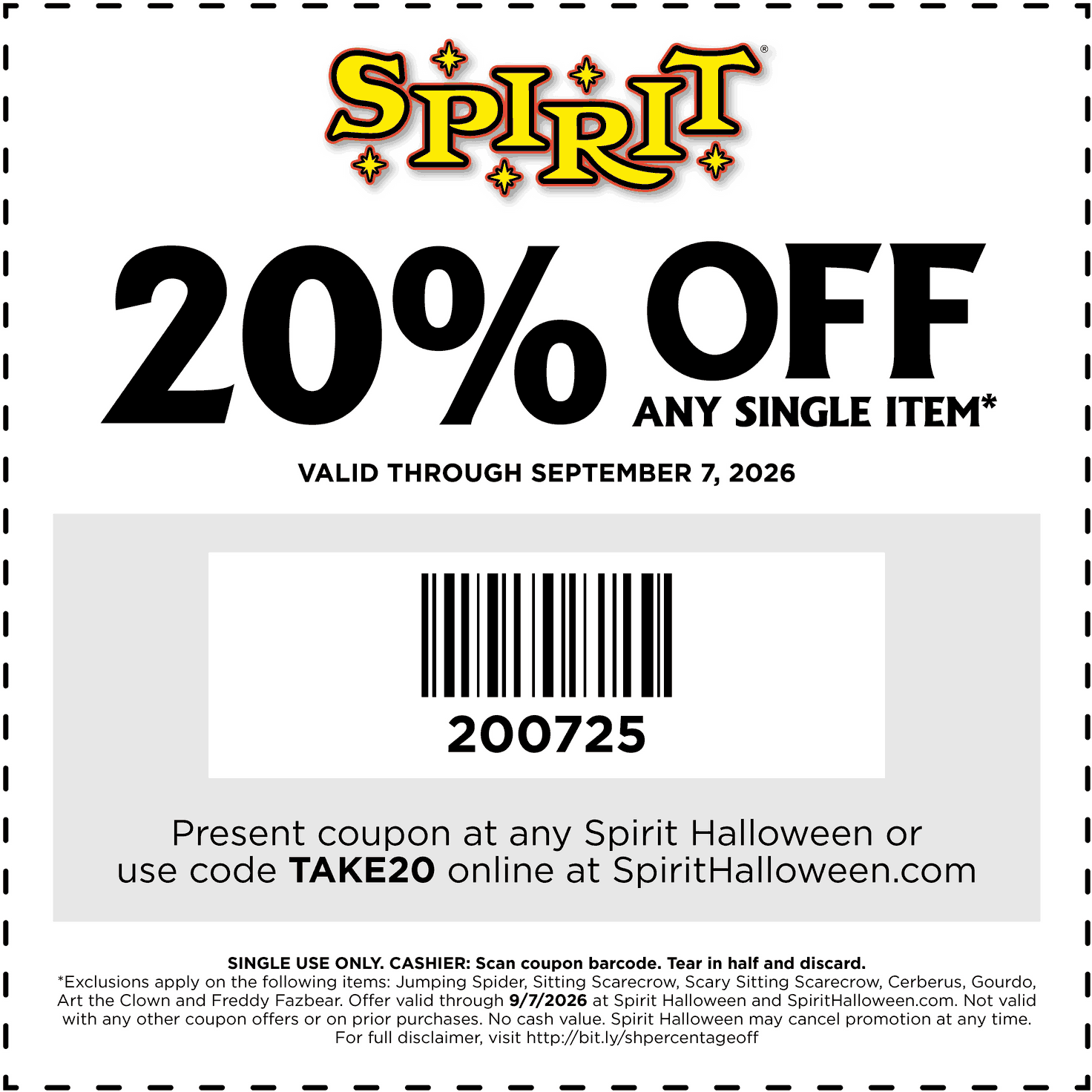 Spirt Halloween stores Coupon  20% off a single item today at Spirt Halloween, or online via promo code TAKE20 #spirthalloween 
