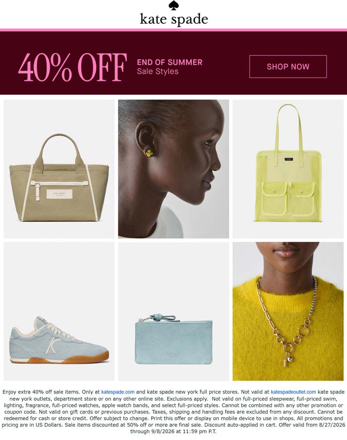 Kate Spade stores Coupon  40% off summer sale styles today at Kate Spade #katespade 