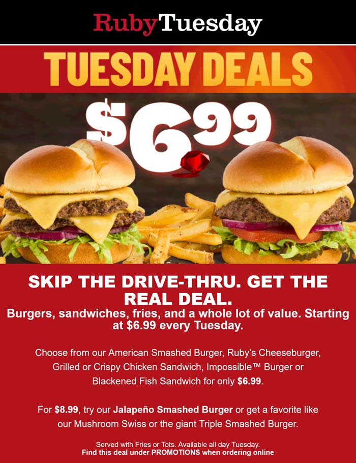 Ruby Tuesday restaurants Coupon  Cheeseburger + fries = $7 today at Ruby Tuesday #rubytuesday 