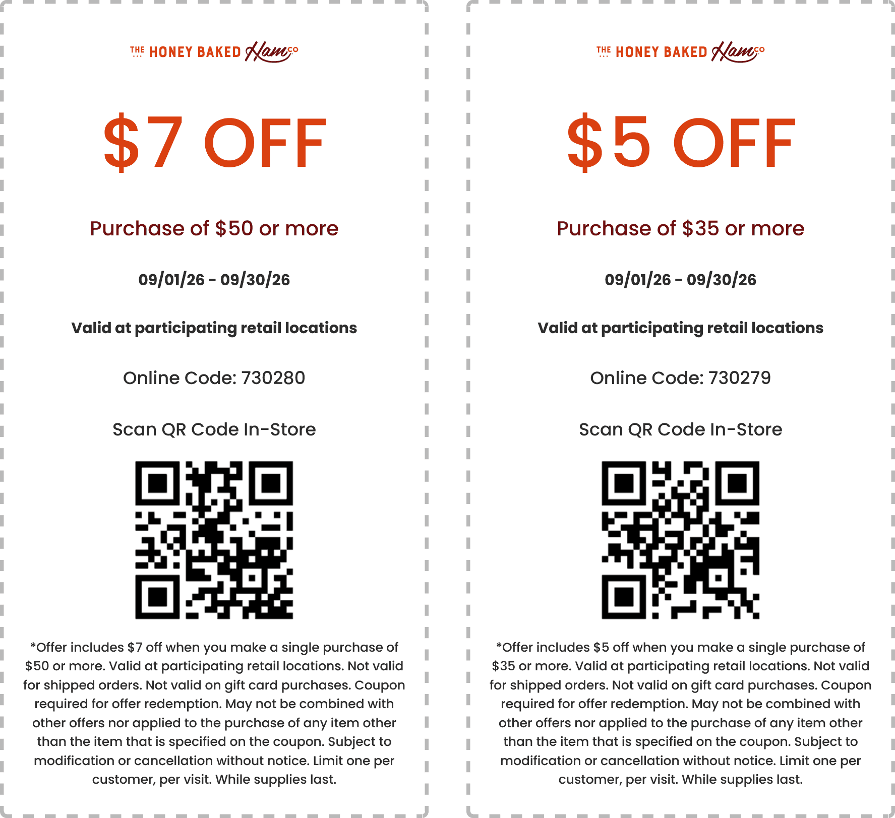 Honey Baked Ham restaurants Coupon  $5 off $35 & more at Honey Baked Ham restaurants, or online via promo code 730279 #honeybakedham 