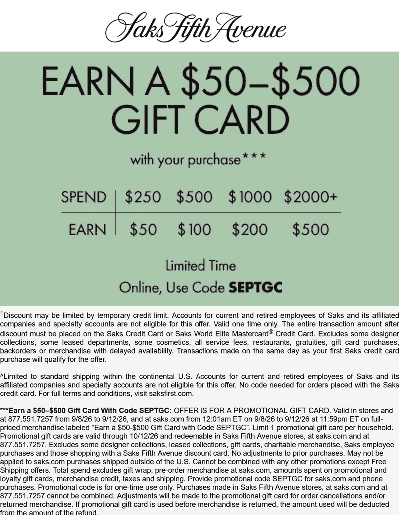 Saks Fifth Avenue stores Coupon  $50-$500 off $250+ at Saks Fifth Avenue, or online via promo code SEPTGC #saksfifthavenue 