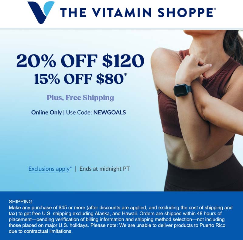 The Vitamin Shoppe stores Coupon  15-20% off $80+ today at The Vitamin Shoppe via promo code NEWGOALS #thevitaminshoppe 