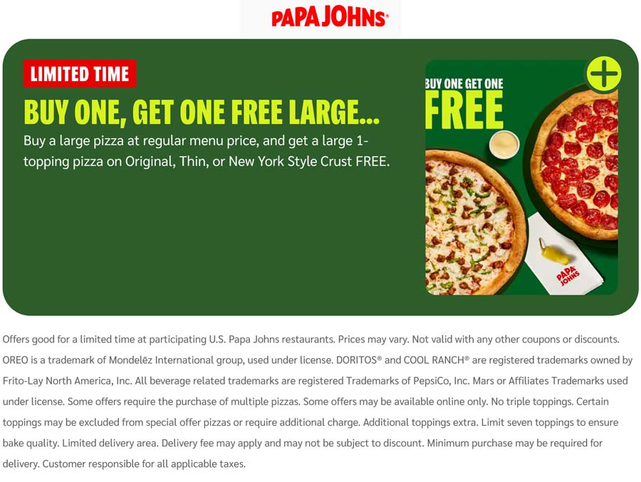 Papa Johns restaurants Coupon  Second large pizza free at Papa Johns #papajohns 