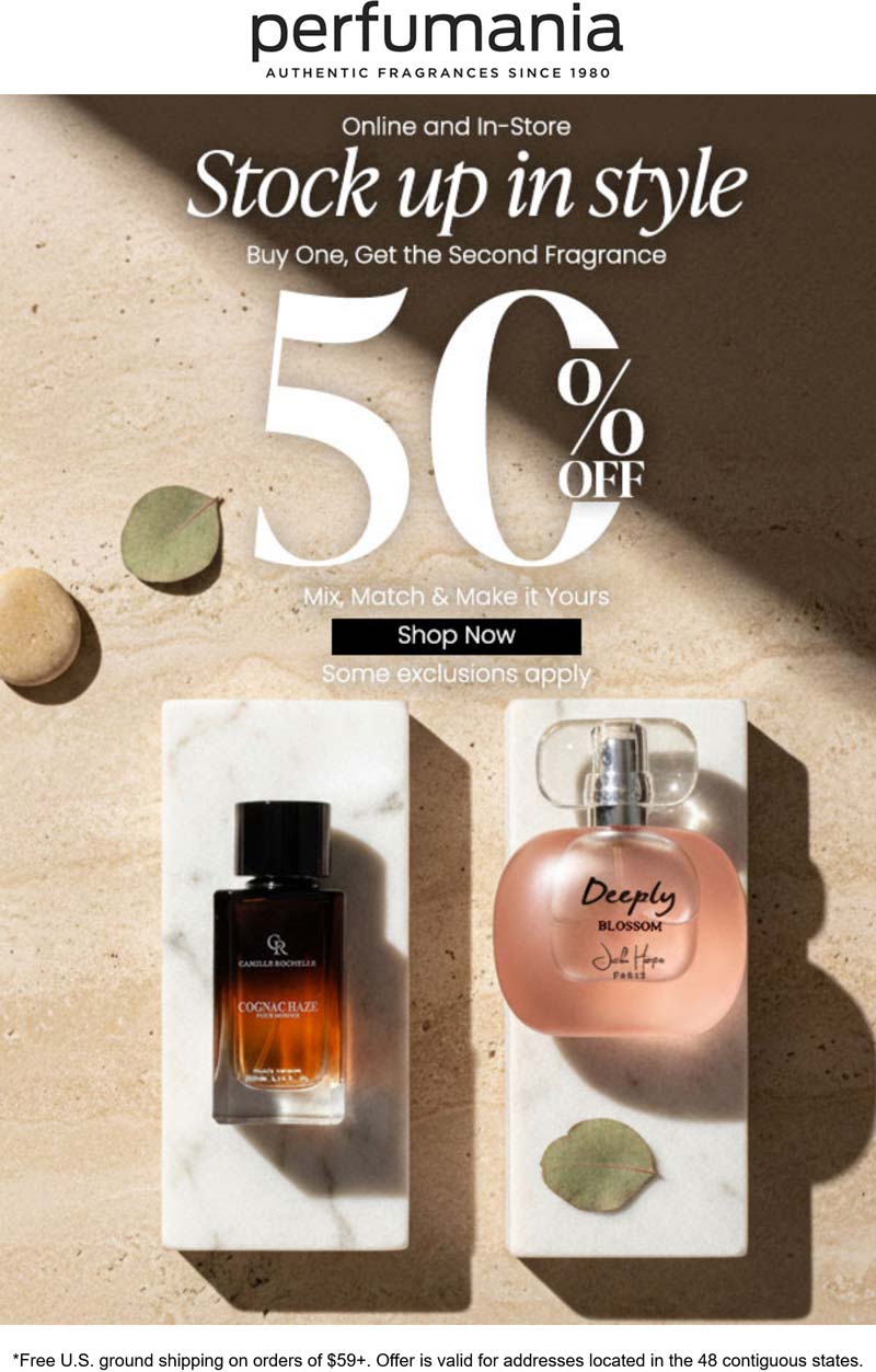Perfumania stores Coupon  Second fragrance 50% off at Perfumania, ditto online #perfumania 