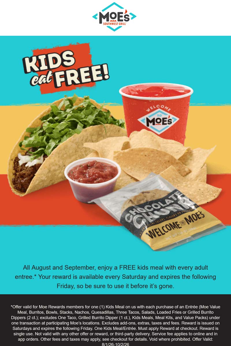Moes Southwest Grill restaurants Coupon  Free kids meal with yours at Moes Southwest Grill #moessouthwestgrill 