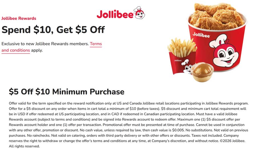 Jollibee restaurants Coupon  $5 off $10 via login at Jollibee restaurants #jollibee 