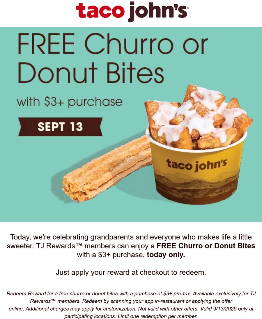 Taco Johns restaurants Coupon  Free churro on $3 today at Taco Johns #tacojohns 