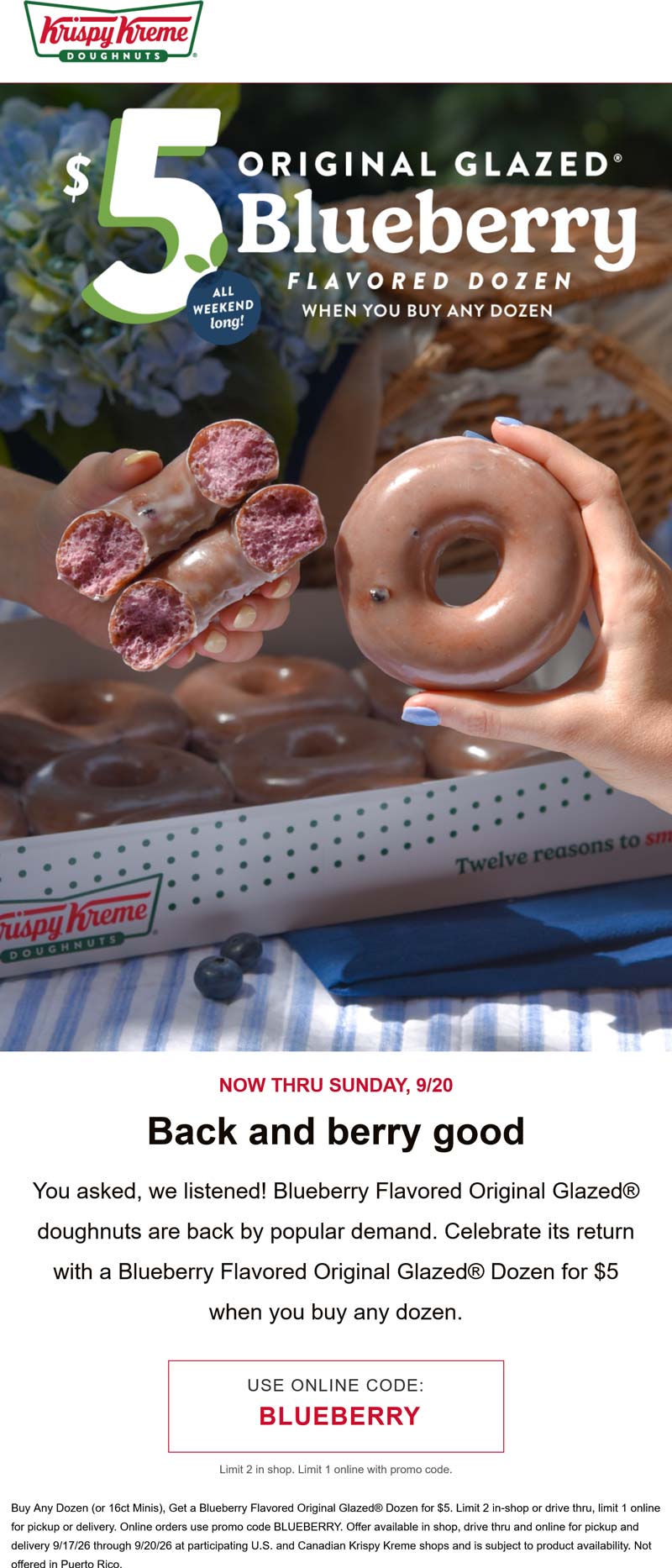 Krispy Kreme restaurants Coupon  $5 blueberry dozen doughnuts with your dozen at Krispy Kreme, or online via promo code BLUEBERRY #krispykreme 