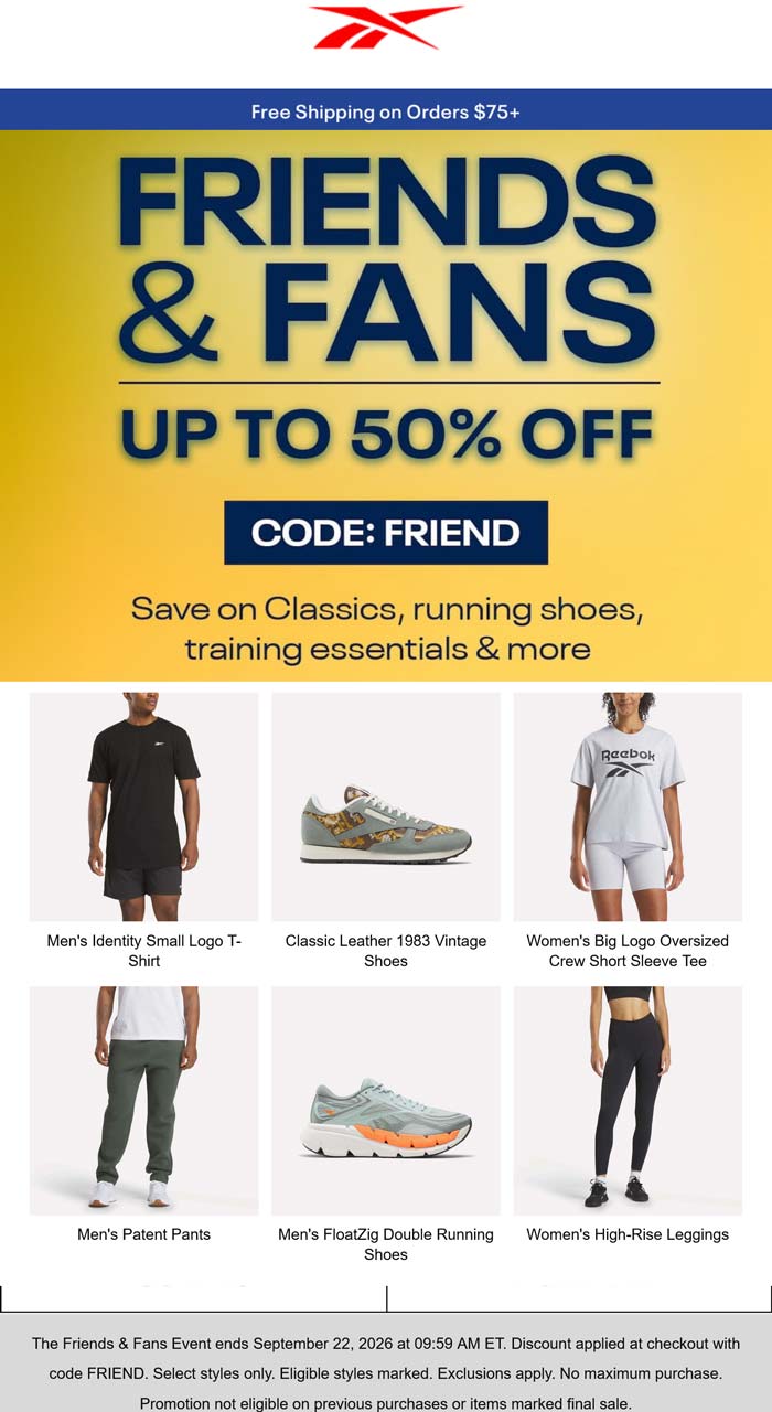 Reebok 30-50% off at Reebok via promo code FRIEND #reebok Reebok stores Coupon 30-50% off at Reebok via promo code FRIEND #reebok