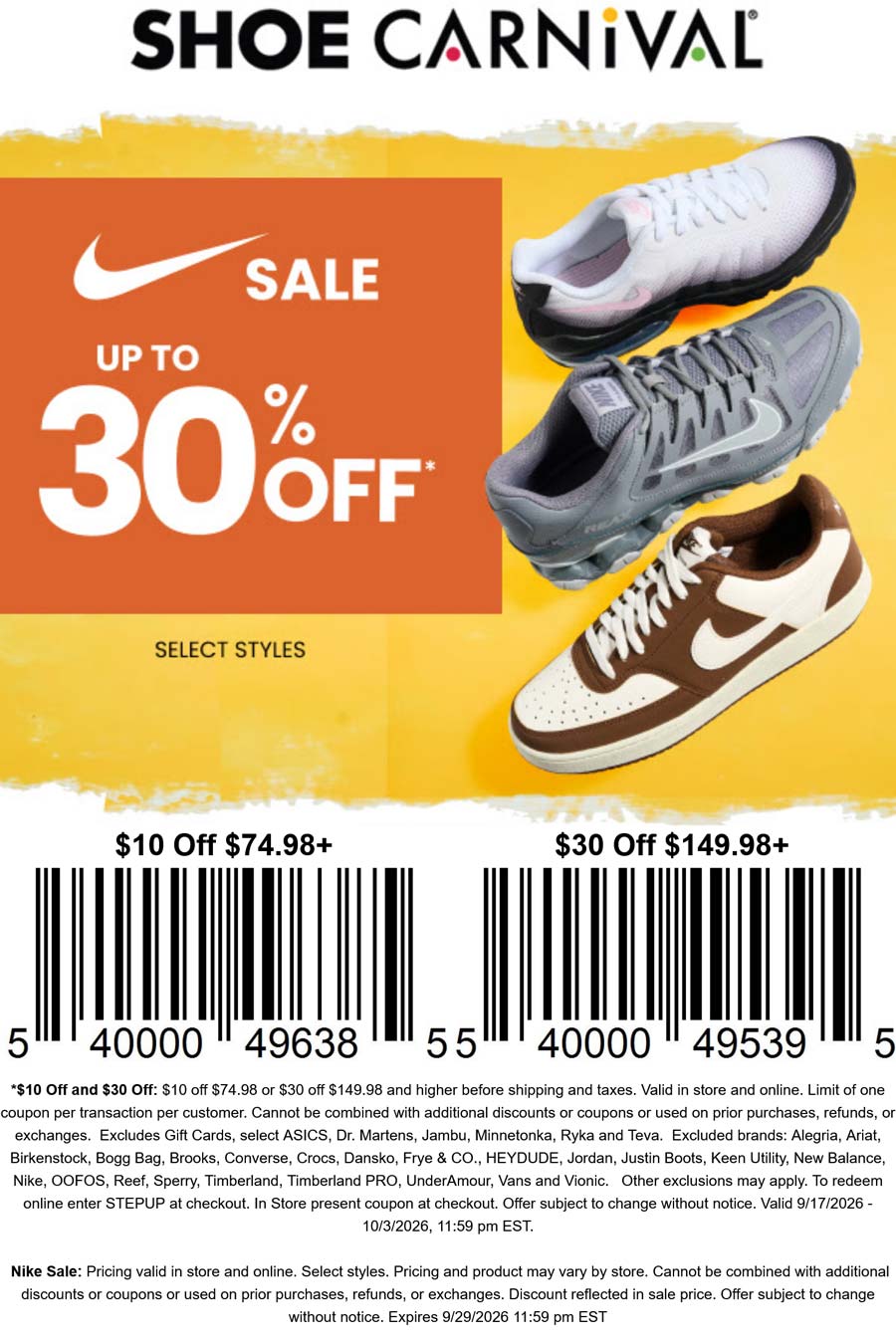 Shoe Carnival stores Coupon  $10-$30 off $75+ & more at Shoe Carnival, or online via promo code STEPUP #shoecarnival 