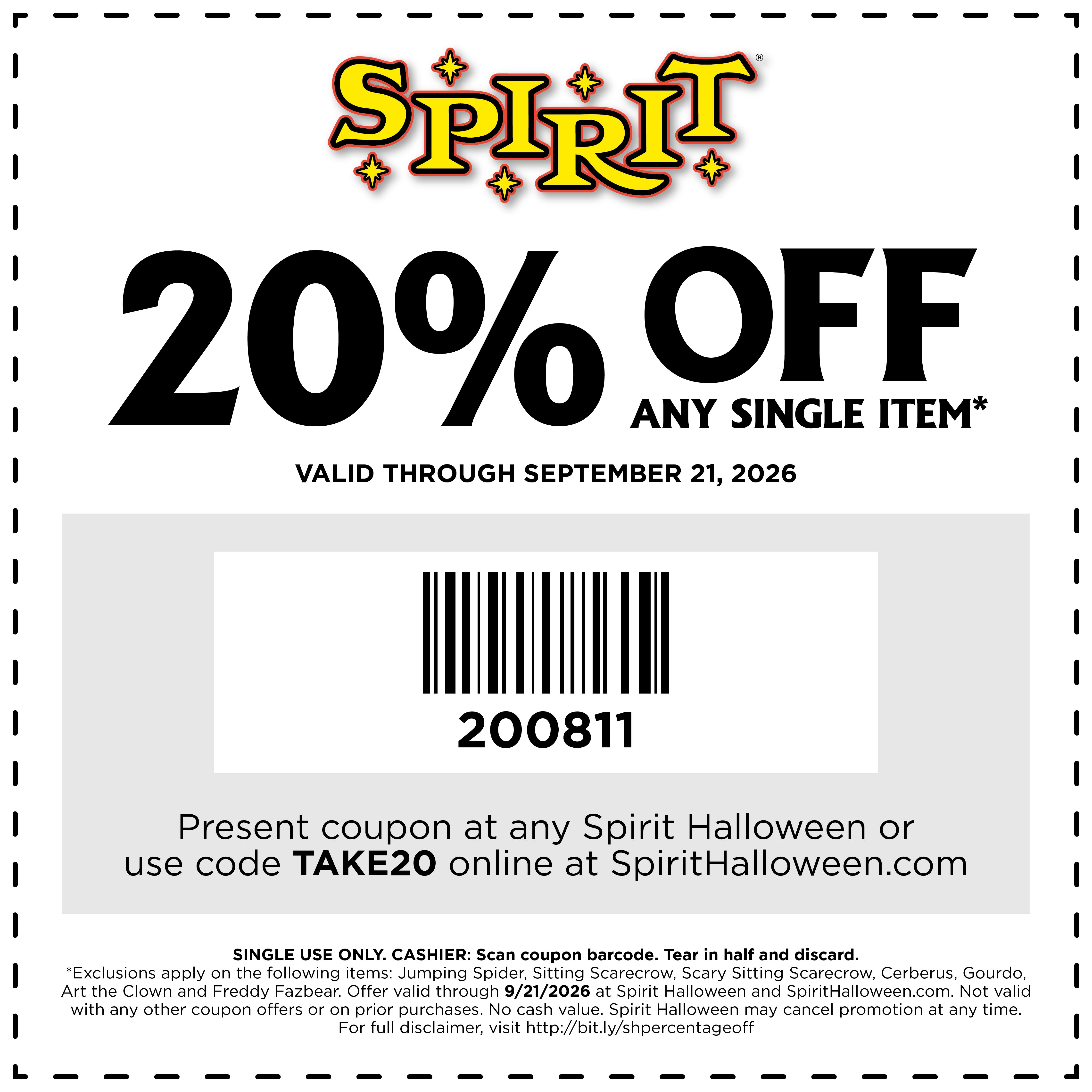 Spirit Halloween stores Coupon  20% off a single item at Spirit Halloween, or online via promo code TAKE20 #spirithalloween 