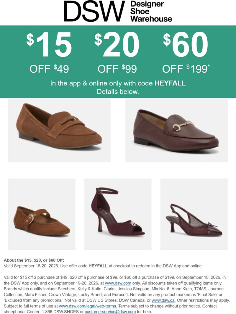 DSW stores Coupon  $15-$60 off $49+ online today at DSW shoes via promo code HEYFALL #dsw 