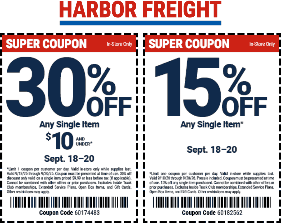 Harbor Freight stores Coupon  15-30% off a single item today at Harbor Freight #harborfreight 