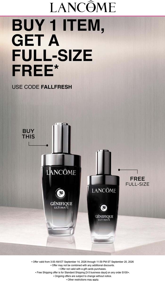 Lancome stores Coupon  Second full size free today at Lancome #lancome 