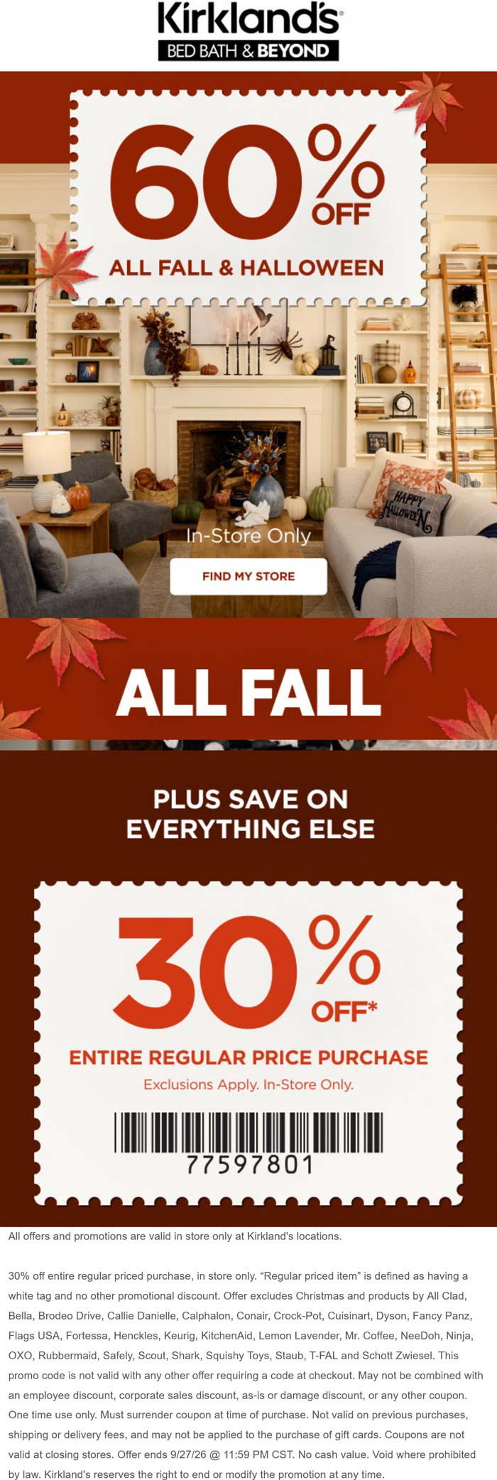 Kirklands stores Coupon  30% off regular items & 60% off fall at Kirklands #kirklands 