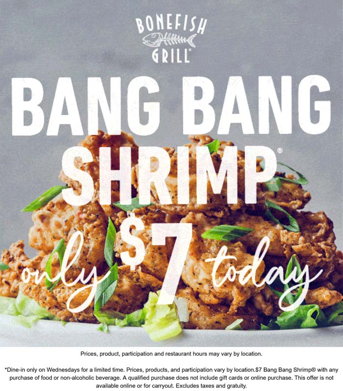 Bonefish Grill $7 bang bang shrimp today at Bonefish Grill restaurants #bonefishgrill Bonefish Grill restaurants Coupon $7 bang bang shrimp today at Bonefish Grill restaurants #bonefishgrill