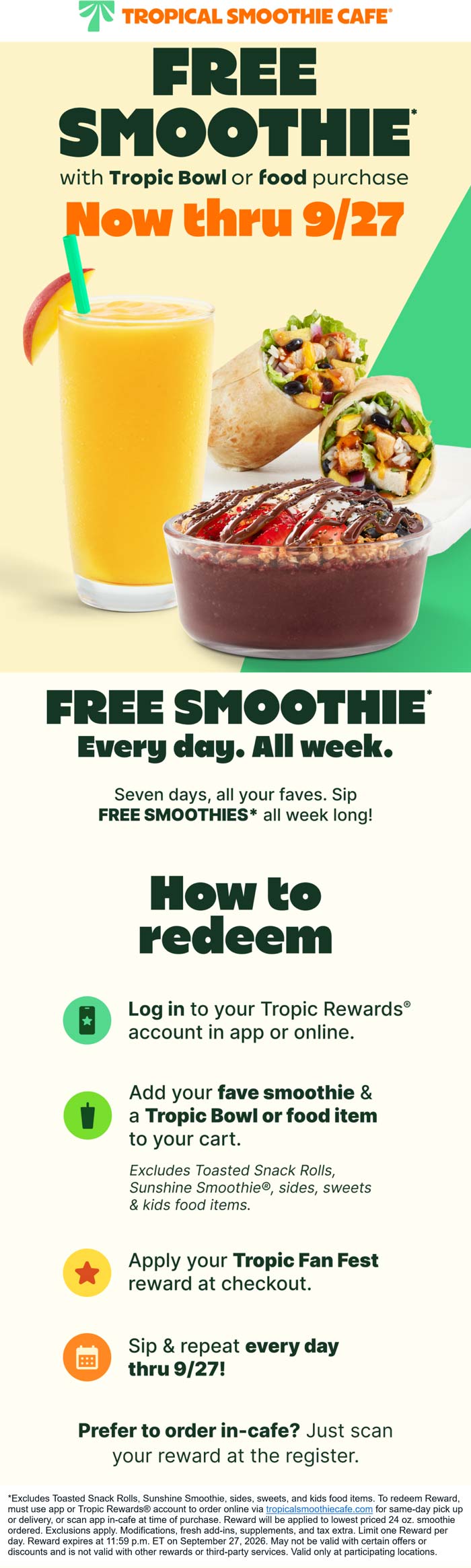 Tropical Smoothie Cafe restaurants Coupon  Free smoothie with your food item at Tropical Smoothie Cafe #tropicalsmoothiecafe 