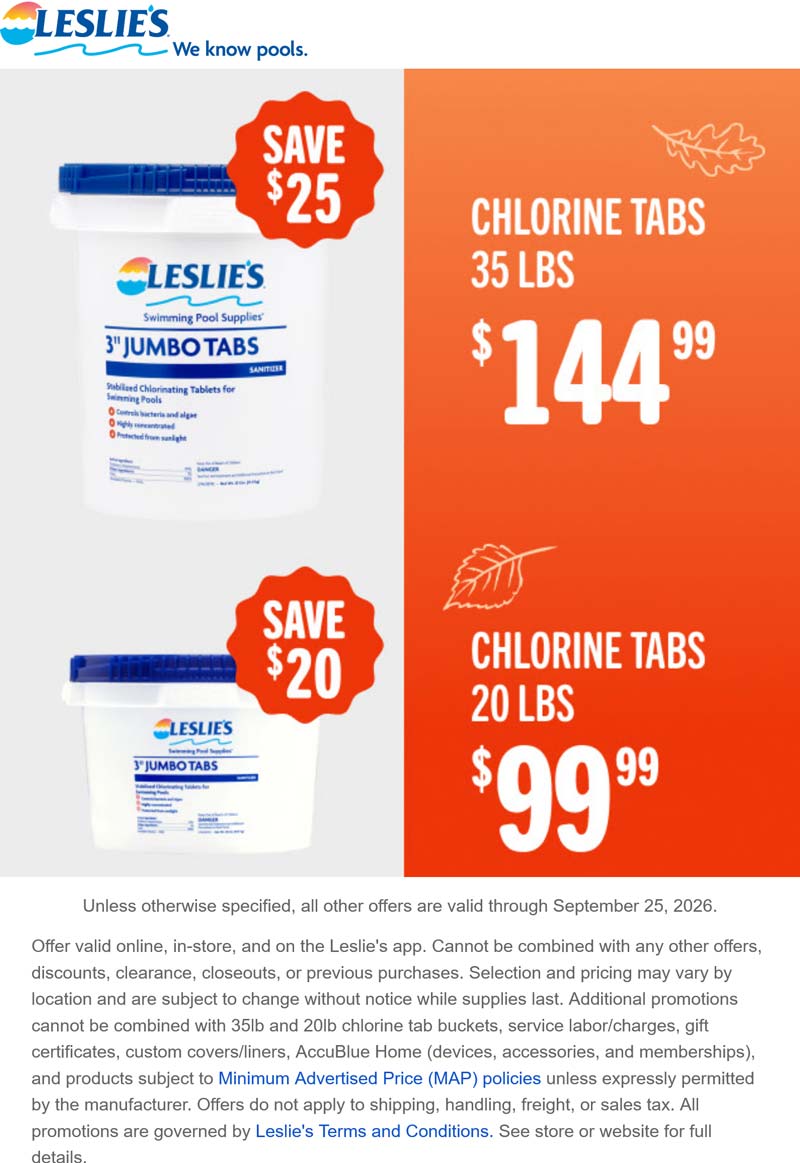 Leslies stores Coupon  $20-$25 off chlorine tabs online at Leslies pool supplies #leslies 