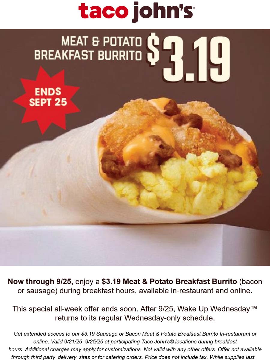 Taco Johns restaurants Coupon  $3.19 breakfast burrito at Taco Johns #tacojohns 
