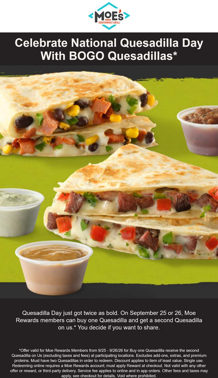Moes Southwest Grill restaurants Coupon  Second quesadilla free at Moes Southwest Grill #moessouthwestgrill 