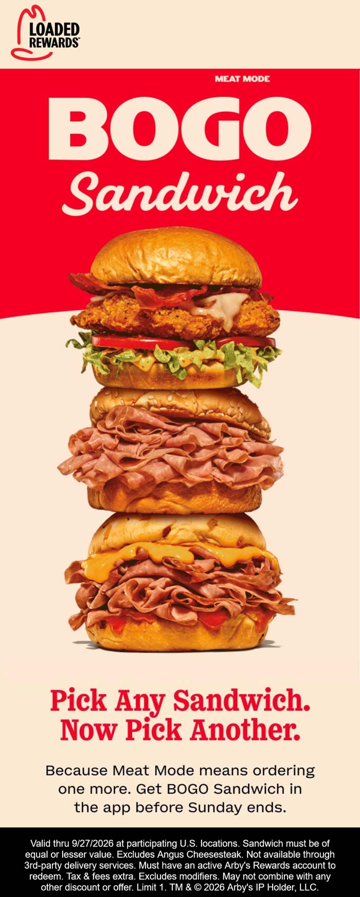 Arbys restaurants Coupon  Second sandwich free today via login at Arbys #arbys 