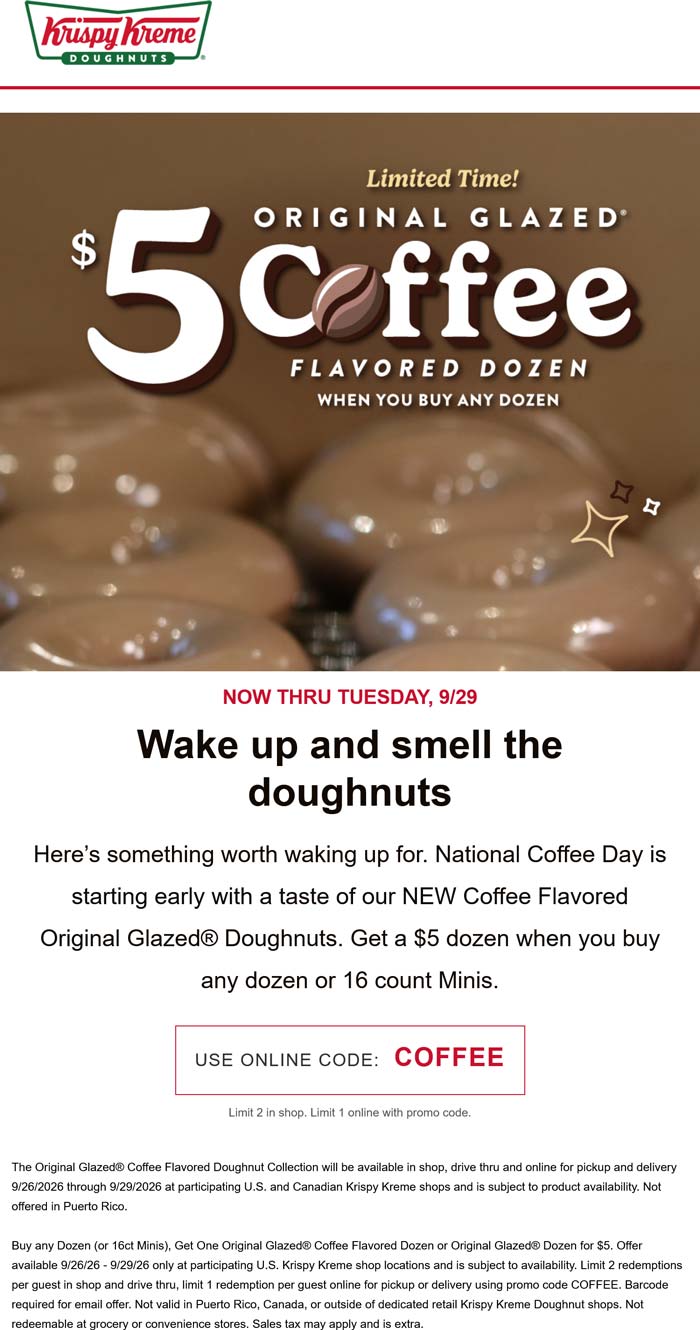 Krispy Kreme restaurants Coupon  $5 coffee dozen with any dozen at Krispy Kreme doughnuts, or online via promo code COFFEE #krispykreme 
