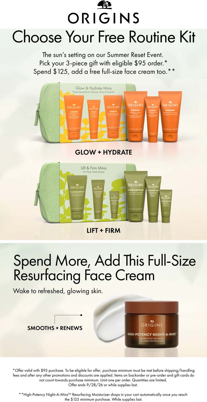 Origins stores Coupon  Free 3pc on $95 + full size on $125 today at Origins #origins 