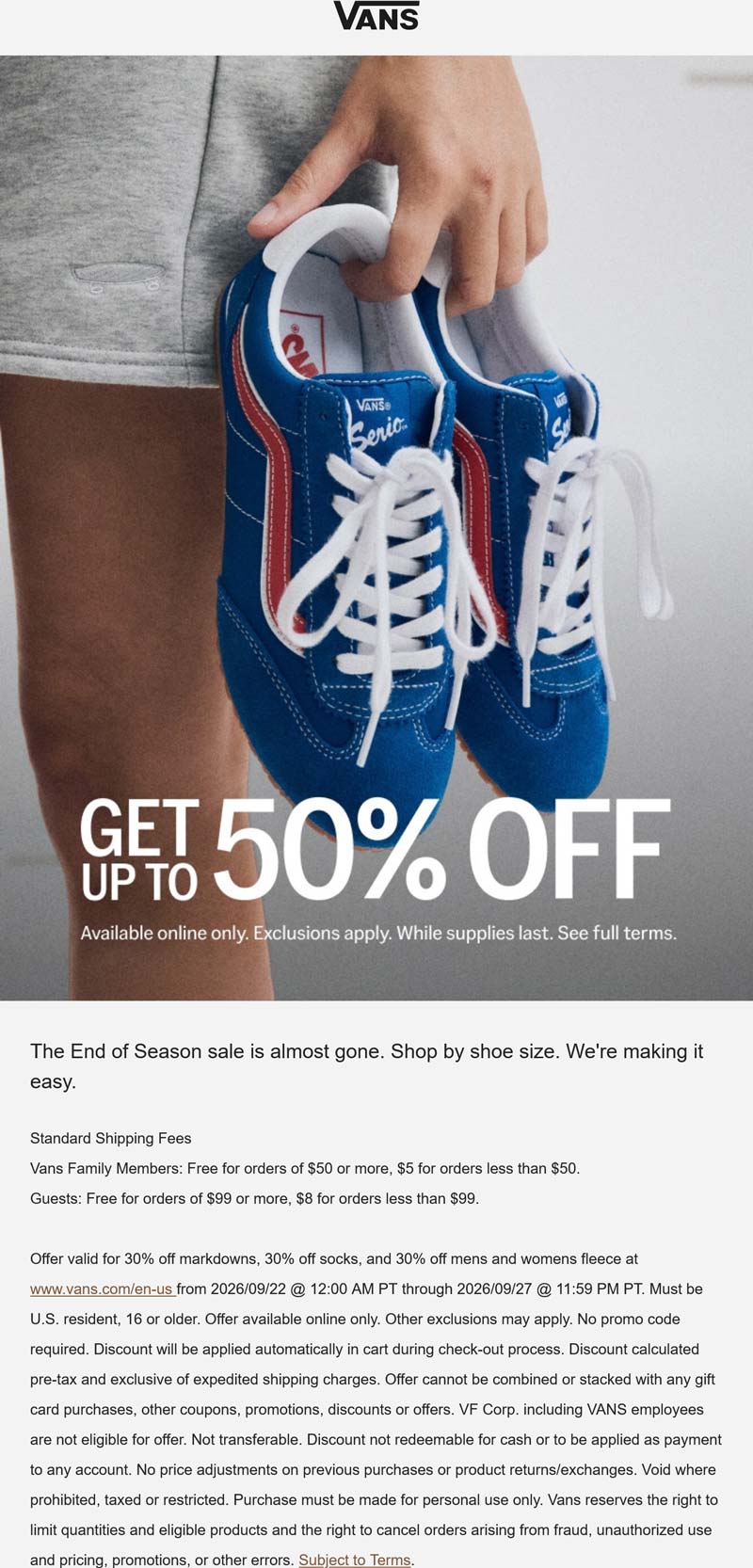 Vans stores Coupon  Extra 30-50% off sale seasonal styles online today at Vans #vans 