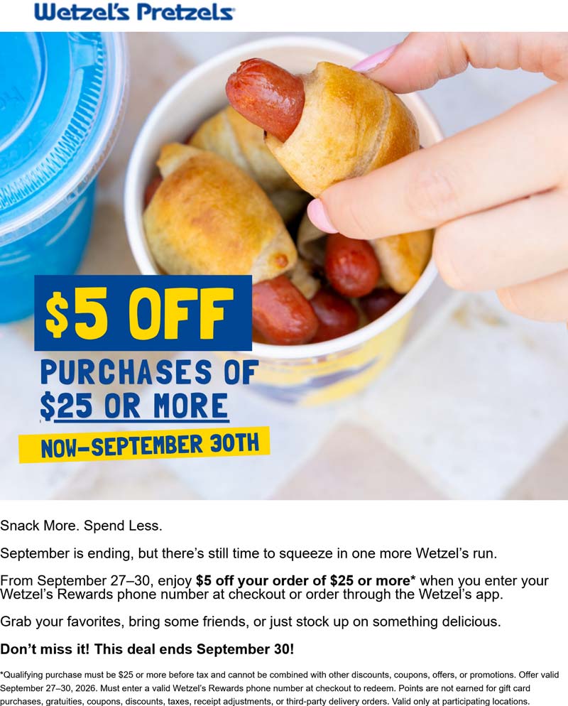 Wetzels Pretzels restaurants Coupon  $5 off $25 at Wetzels Pretzels restaurants #wetzelspretzels 