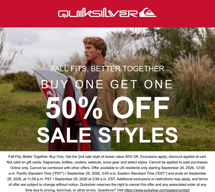 Quiksilver stores Coupon  Second sale item 50% off today at Quiksilver #quiksilver 