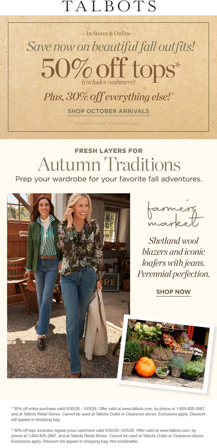Talbots 30-50% off everything at Talbots #talbots Talbots stores Coupon 30-50% off everything at Talbots #talbots